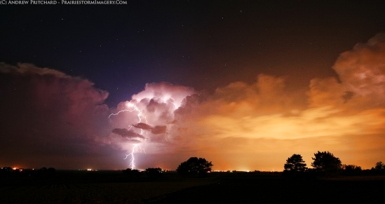 Lightning strikes from an erupting line of thunderstorms over Champaign, IL just after sunset on May 28 2012. 
